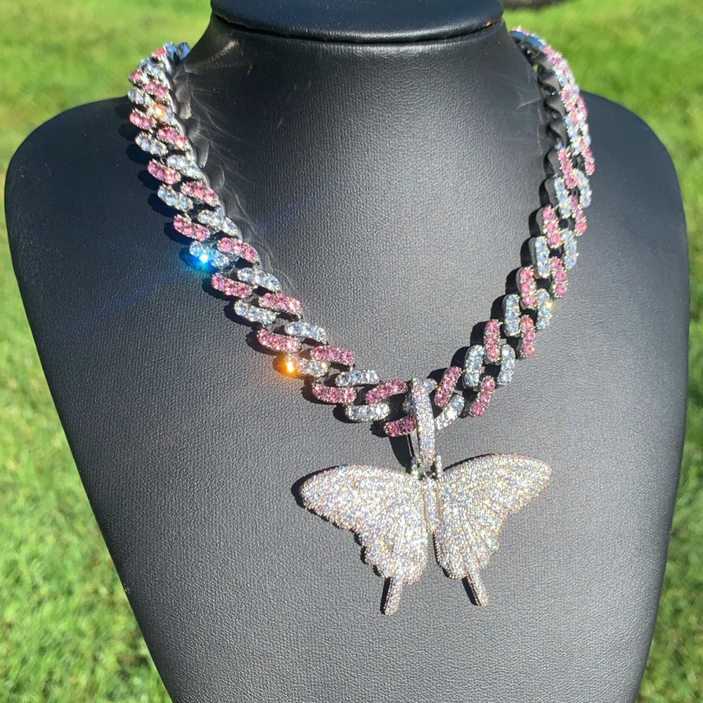 White Gold Butterfly Pendant/Two-Tone Cuban Chain